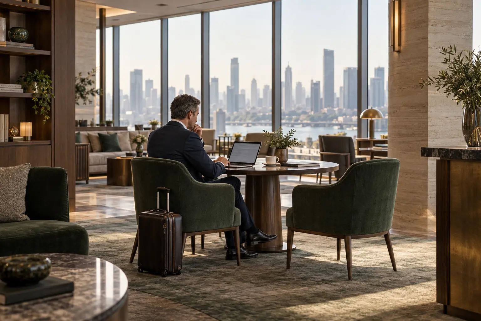 KI-generiertes Symbolbild: Geschäftsreisender arbeitet in einer fiktiven Hotellounge mit Stadtblick